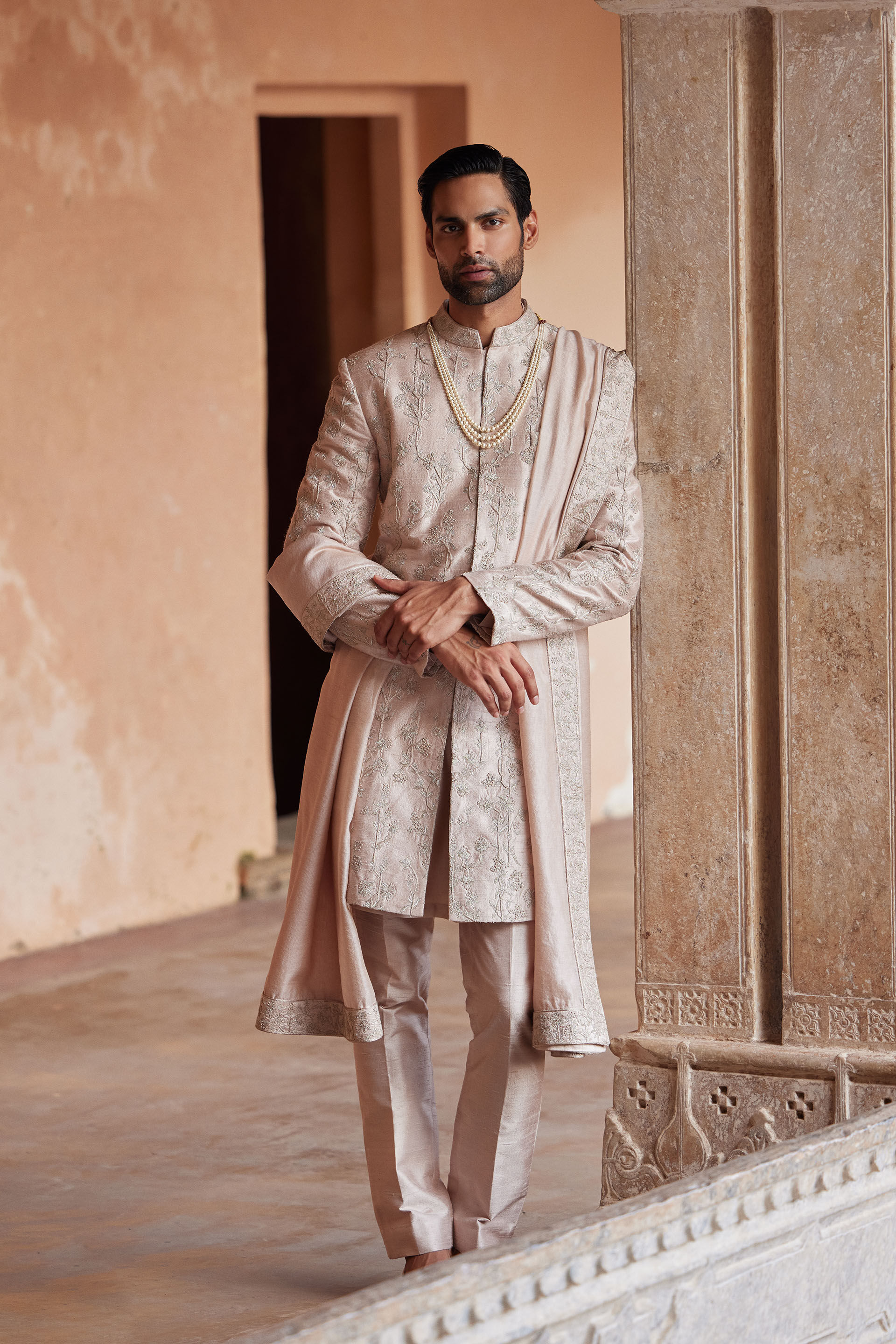 Ahmar Hand-embroidered Silk Sherwani - Salmon